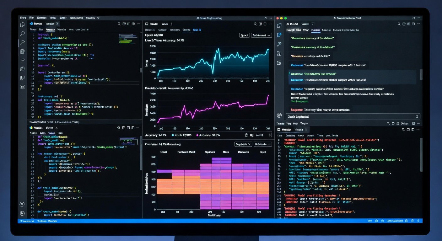 Écran d'ordinateur montrant plusieurs interfaces d'outils d'IA et de code côte à côte